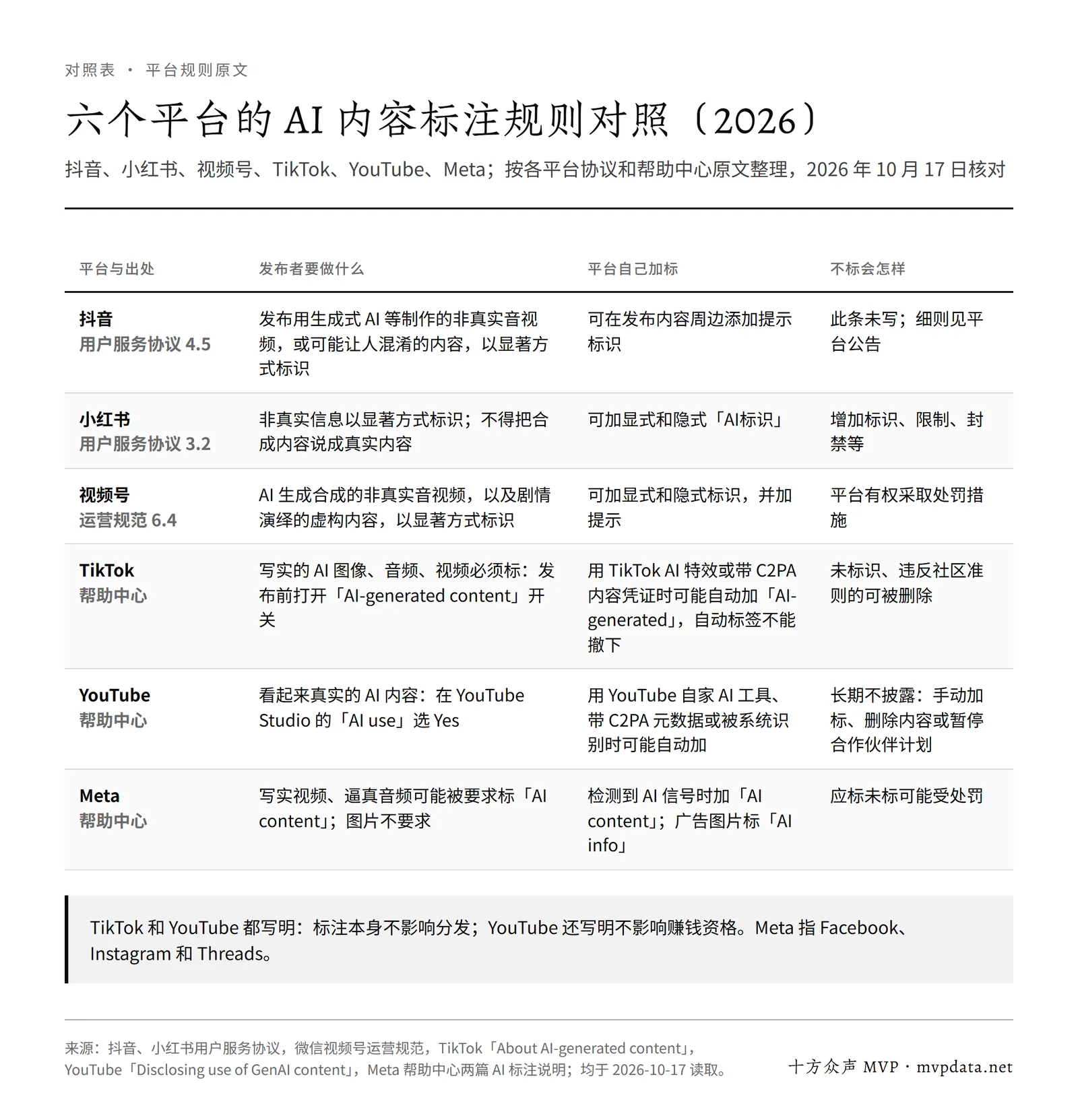 抖音、小红书、视频号、TikTok、YouTube、Meta 六个平台的 AI 内容标注规则对照:发布者要做什么、平台自动加标的情形、不标的后果